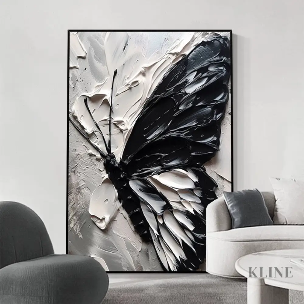 Black and White Butterfly Canvas Oil Painting with Texture - Image 3
